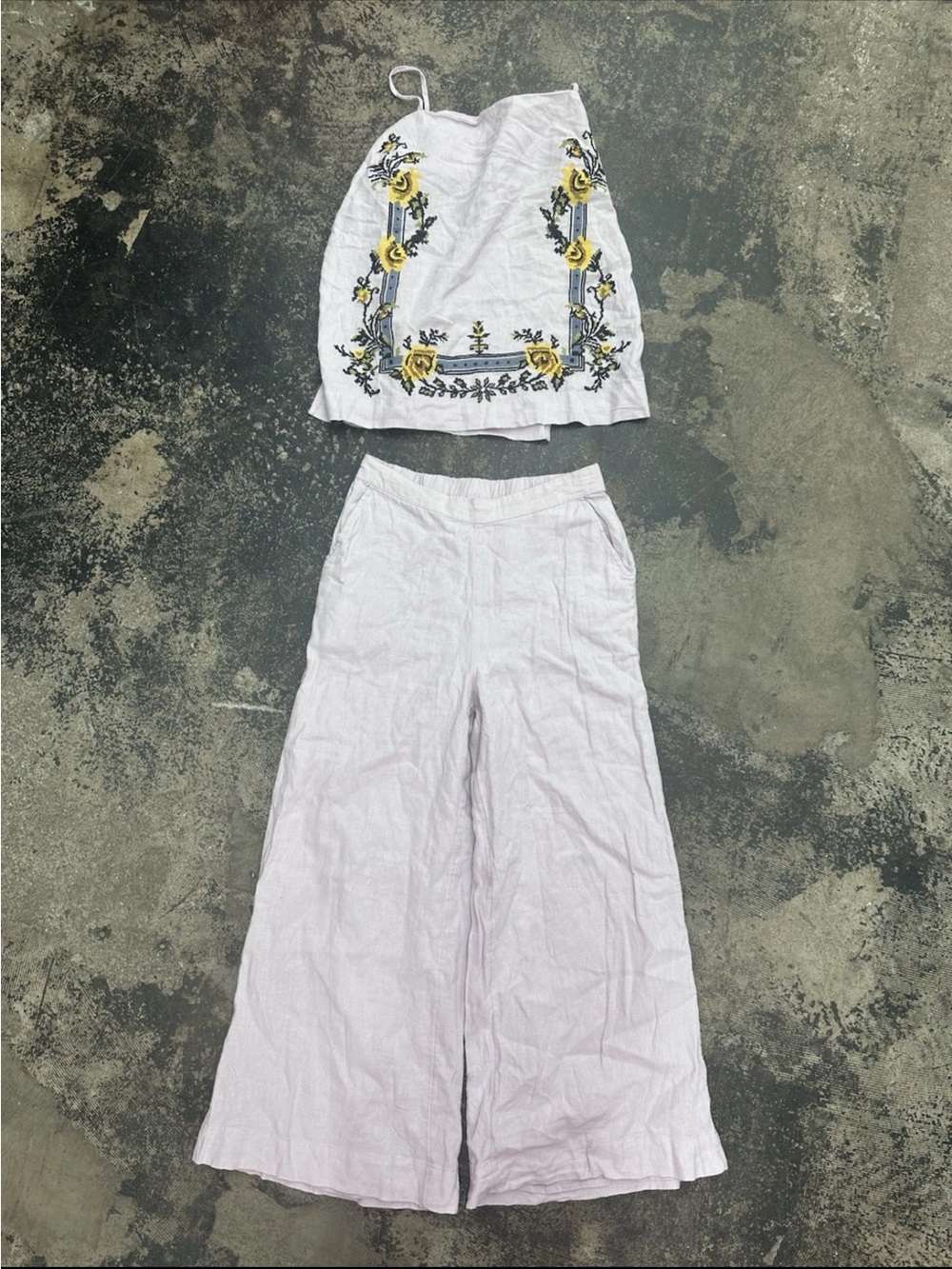 Free People Lavender Linen Wide-Leg Pants and Embroidered Crop Top Set